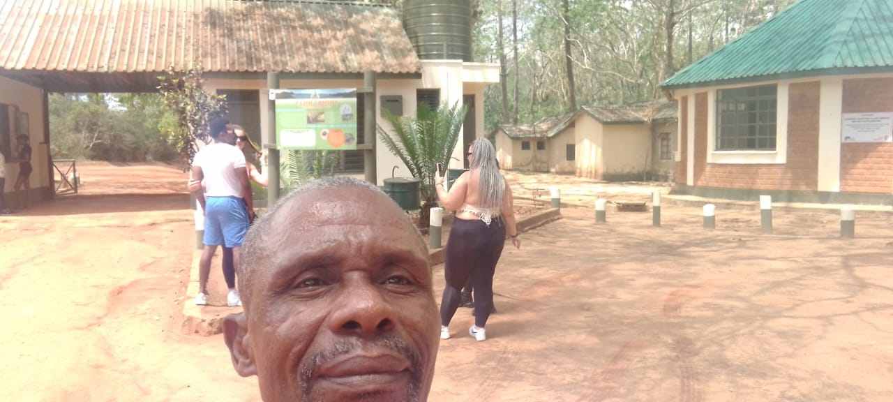 Guide and group near the park buildings